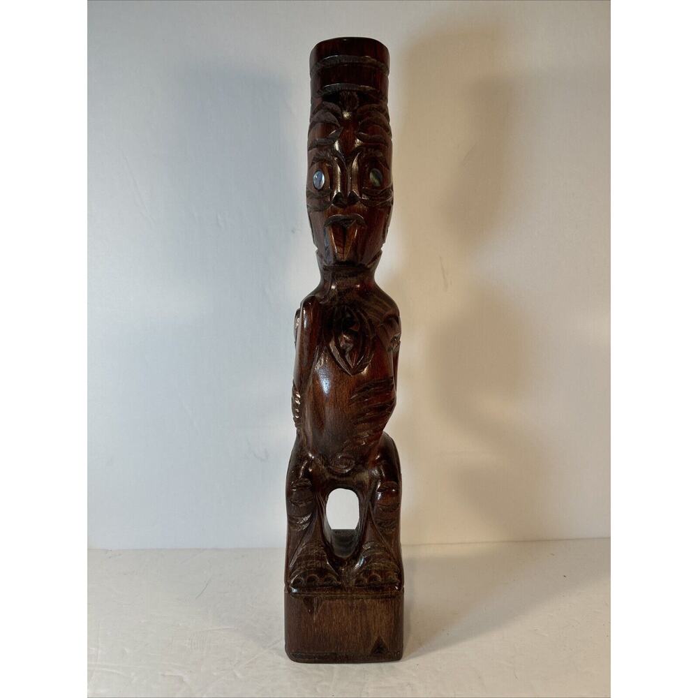 Vintage Māori Tiki Carving | 13.5-in Hand-Carved NZ Wood Statue Polynesian Art